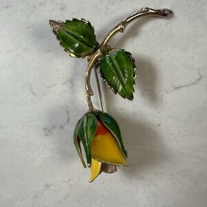 Vintage Goldtone GIOVANNI Yellow Orange Green Enamel ROSE Flower Brooch Pin
